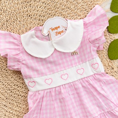 Vestido Xadrez com Corações Bordados - Rosa